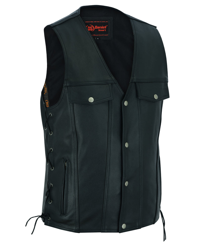 DS Men's Black Leather Vest with Side Laces and Smart Access Pockets
