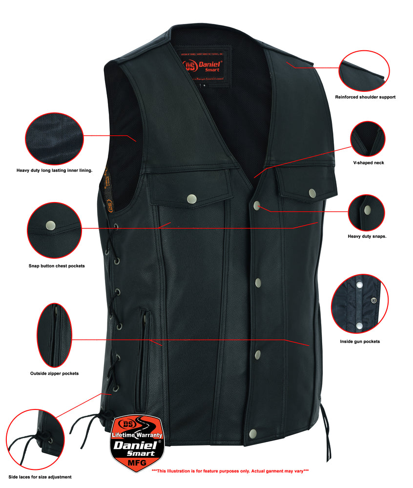 DS Men's Black Leather Vest with Side Laces and Smart Access Pockets
