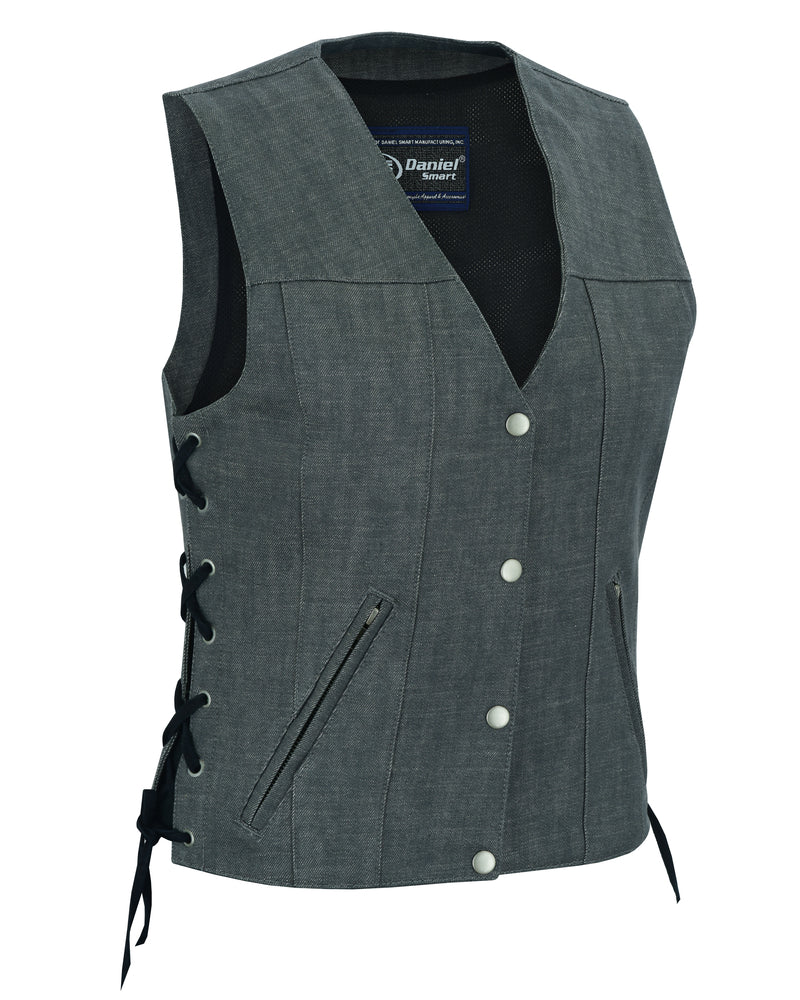 DM Women's Rough Rub-Off Raw Finish Broken Gray Denim Vest
