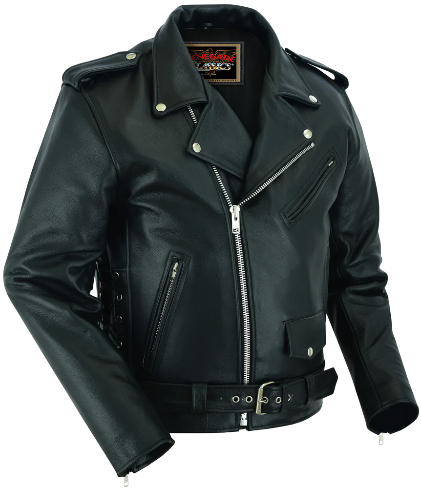 Classic Star Black Men’s Leather Motorcycle Jacket – Adjustable Fit
