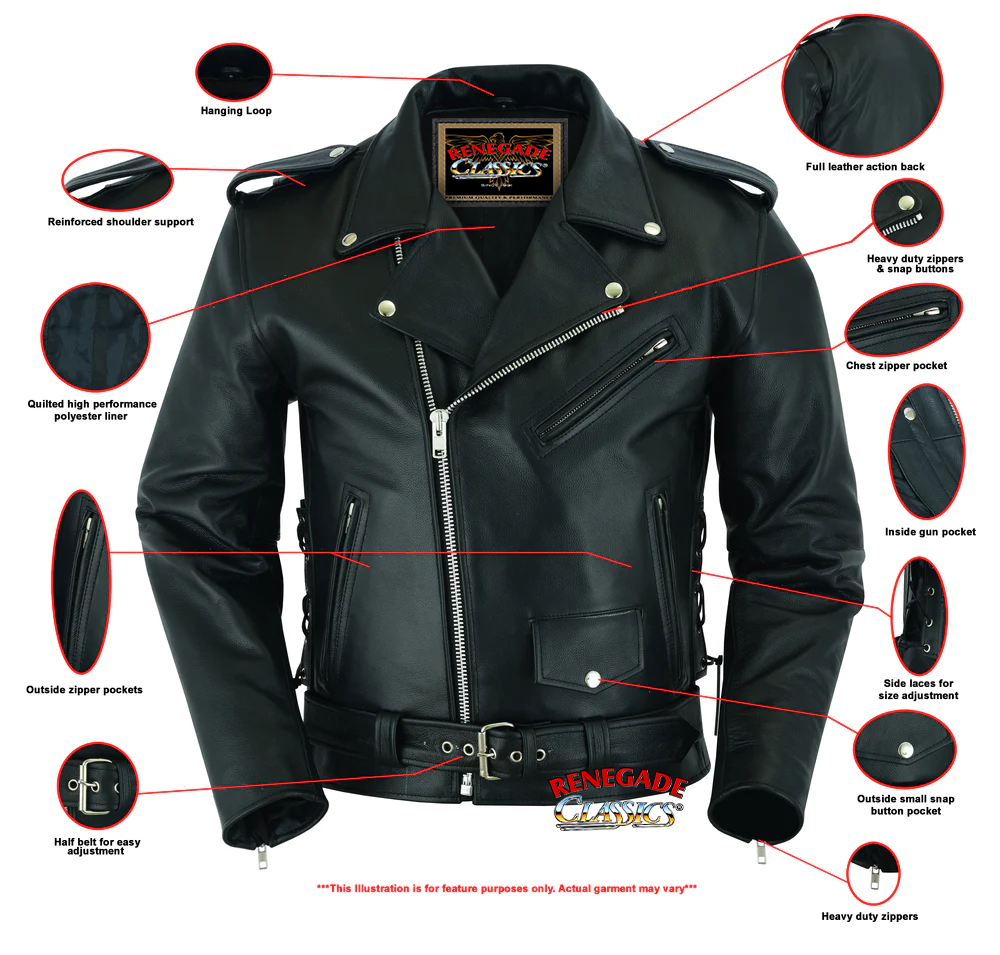 Classic Star Black Men’s Leather Motorcycle Jacket – Adjustable Fit