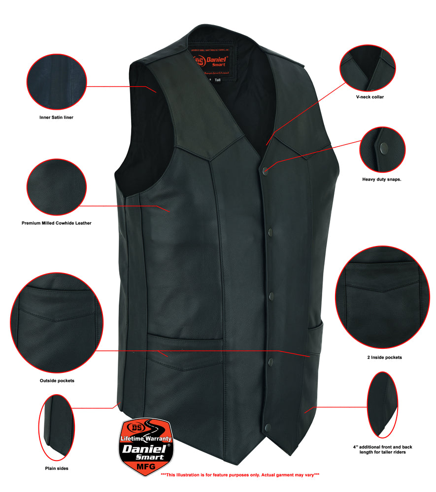 DS Men's Tall Classic Motorcycle Leather Vest - Black