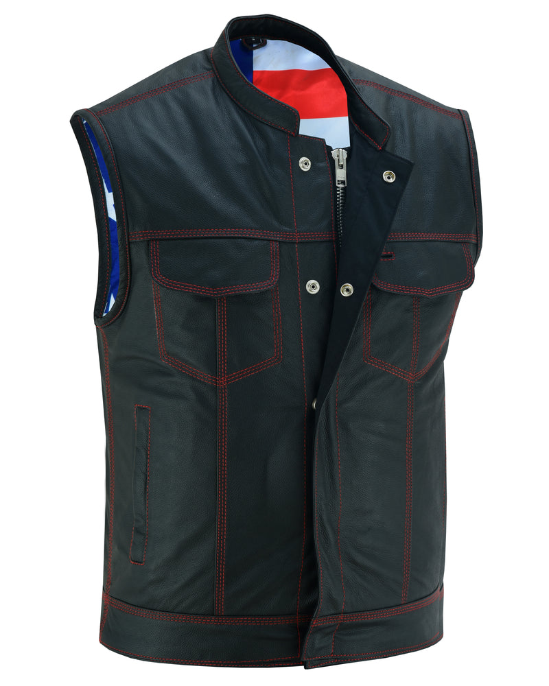 ADA188.USA MEN'S LEATHER VEST W/RED STITCHING AND USA FLAG LINING