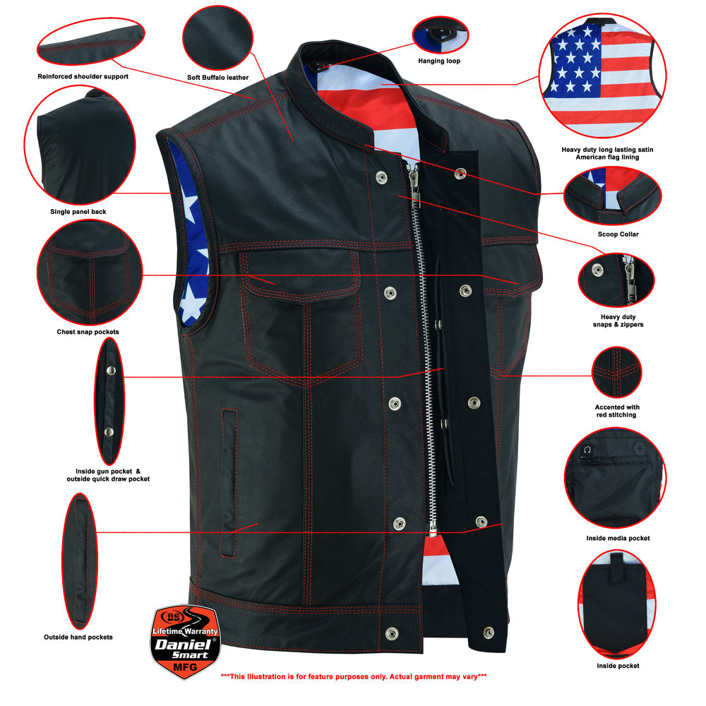 DS Mens's Leather Motorcycle Vest with Scoop Collar & USA Flag