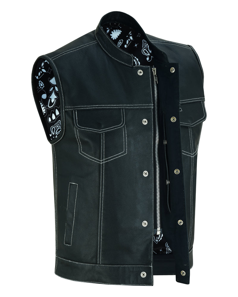 DS Men's Paisley Black Leather Motorcycle Vest with White Stitching