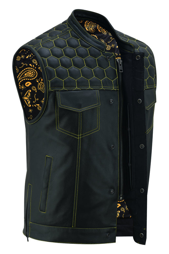DS Men's Gold Rush Black Leather Vest - Yellow Stitching