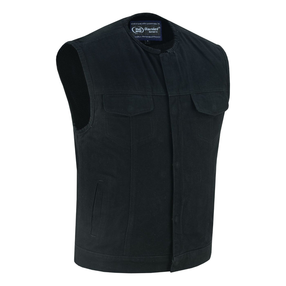 DM Mens Black Denim Motorcycle Vest with Concealed Snaps & Zipper