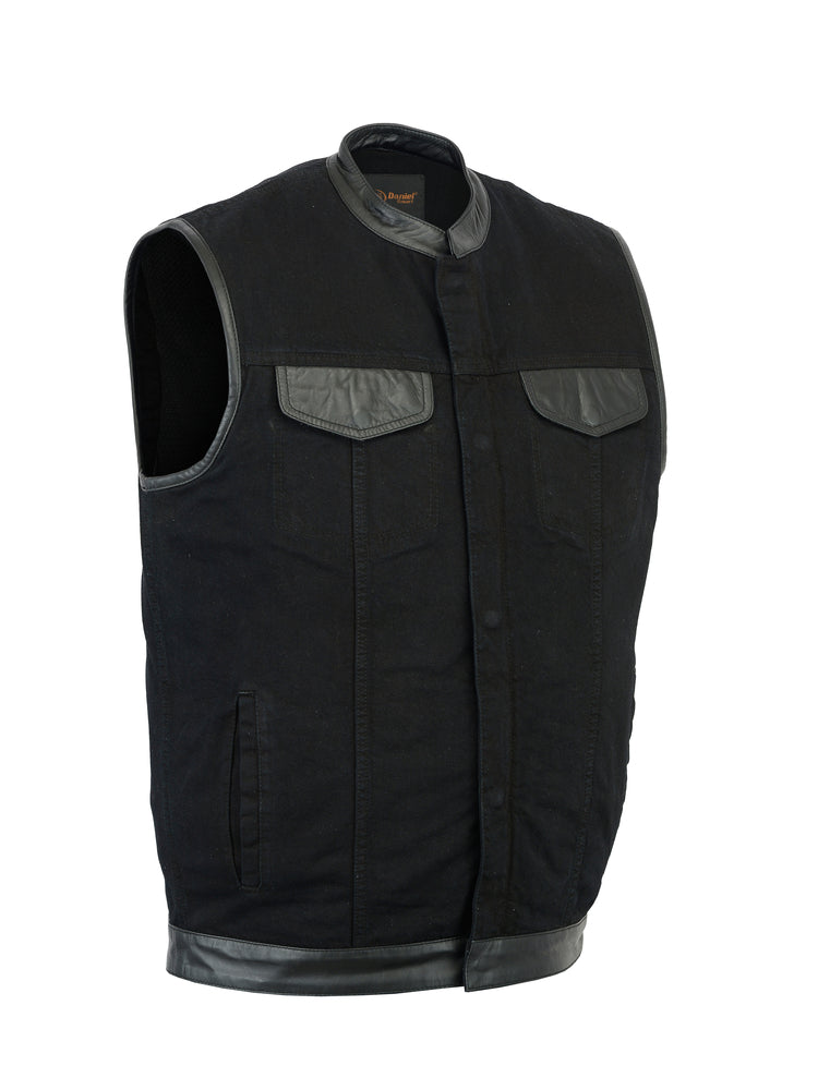 DM Men's Black Denim Single Panel Concealment Vest W/ Leather Trim