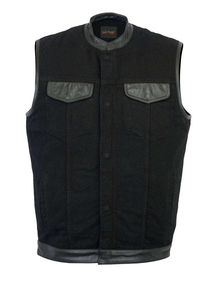 DM Men's Black Denim Single Panel Concealment Vest W/ Leather Trim