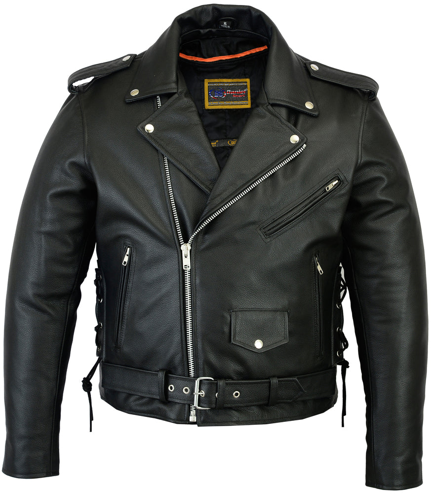DS Men’s Classic Side Lace Police Black Leather Motorcycle Jacket