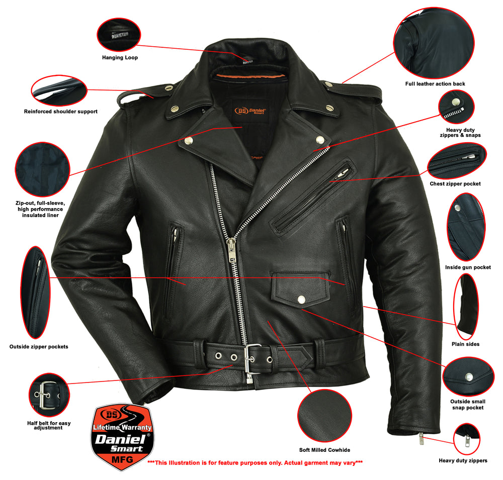 DS Men's Classic Plain Side Police Style Motorcycle Jacket - Black