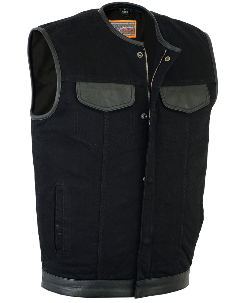 DM Men's Black Denim Single Panel Concealment Vest W/Leather Trim-