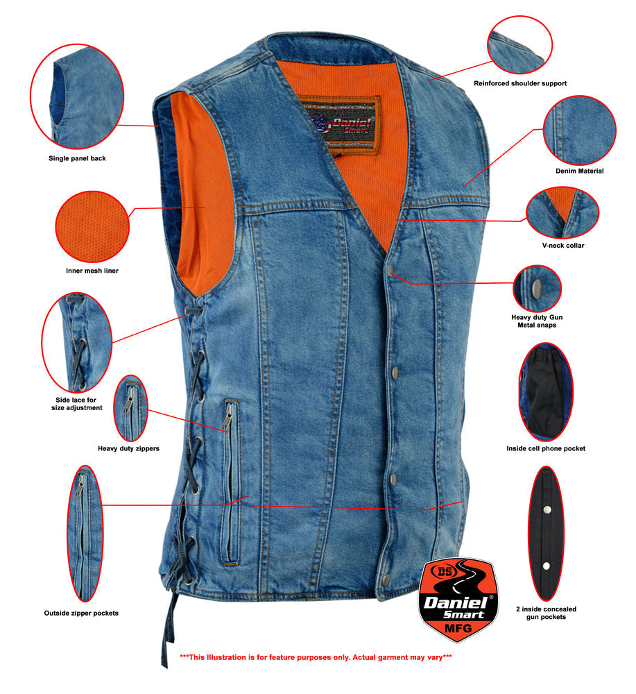 DM Men's Blue Denim Motorcycle Vest with Lace & Pockets