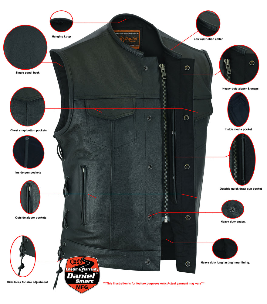 DS Men's Combat Black motorcycle Leather Vest - Gun Pockets & Side Laces
