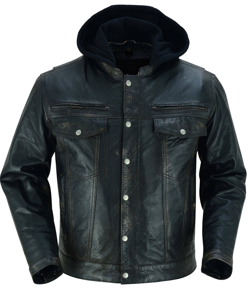 DS Men's Black Lightweight Drum Dyed  Distressed Lambskin Jacket with Removable Hoodie
