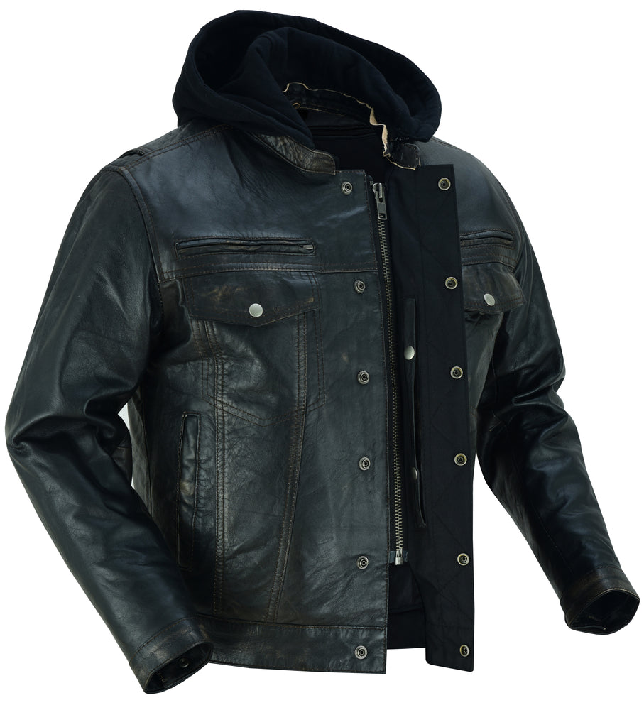 DS Men's Black Lightweight Drum Dyed  Distressed Lambskin Jacket with Removable Hoodie