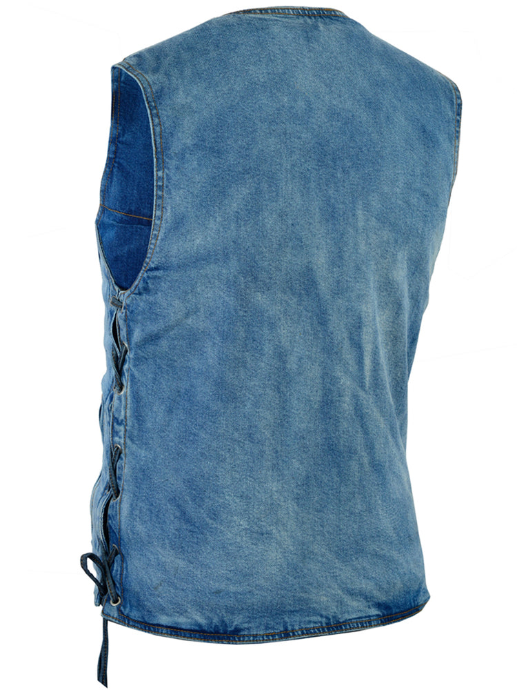 DM Men's Blue Denim Motorcycle Vest with Lace & Pockets