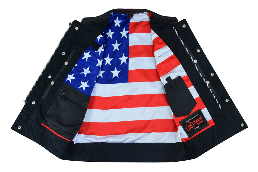ADA188.USA MEN'S LEATHER VEST W/RED STITCHING AND USA FLAG LINING