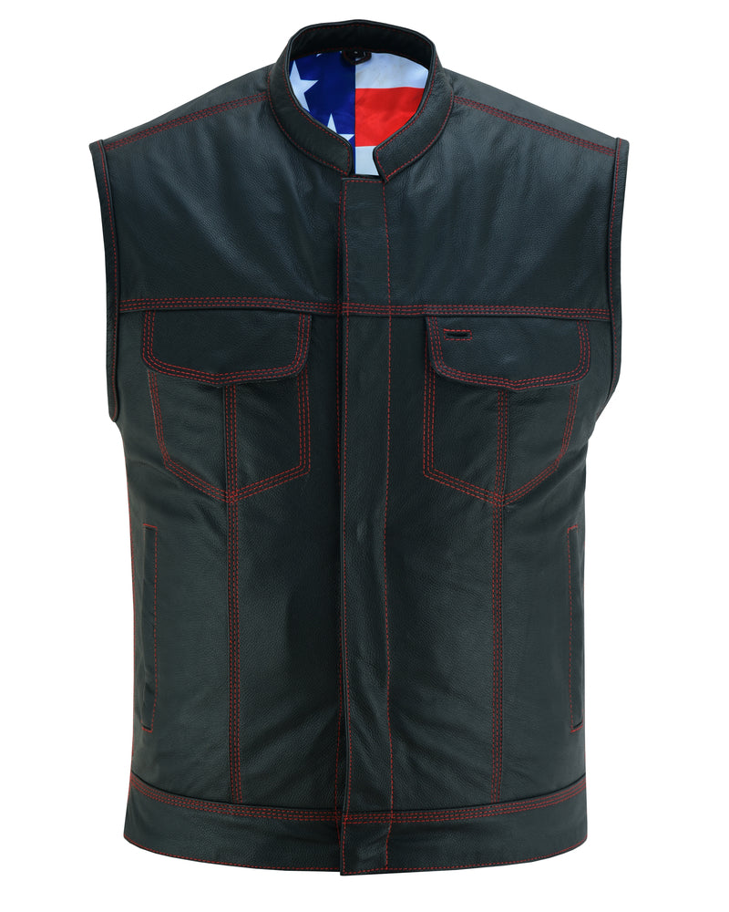DS Mens's Leather Motorcycle Vest with Scoop Collar & USA Flag
