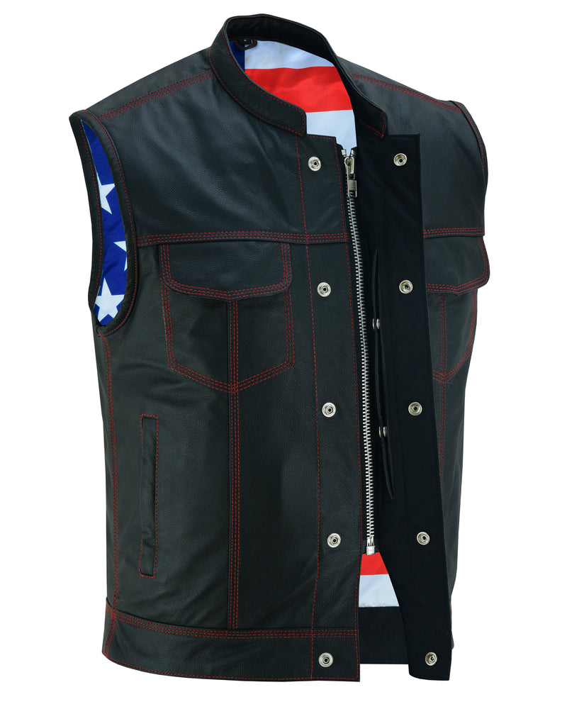 ADA188.USA MEN'S LEATHER VEST W/RED STITCHING AND USA FLAG LINING