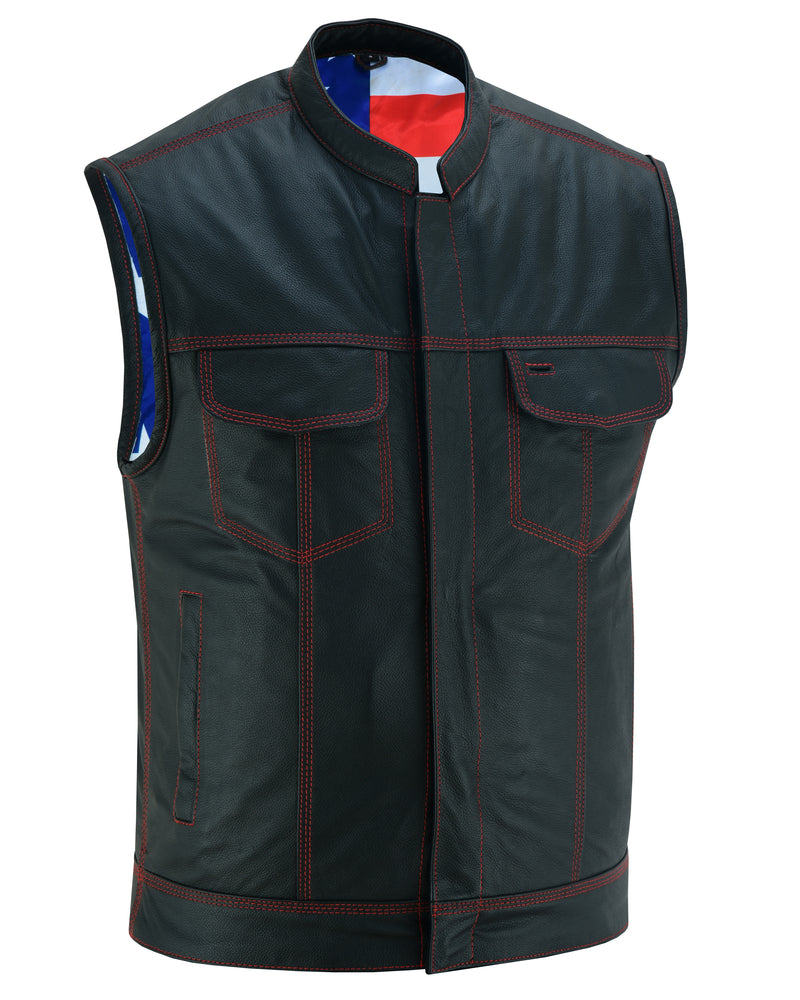 ADA188.USA MEN'S LEATHER VEST W/RED STITCHING AND USA FLAG LINING