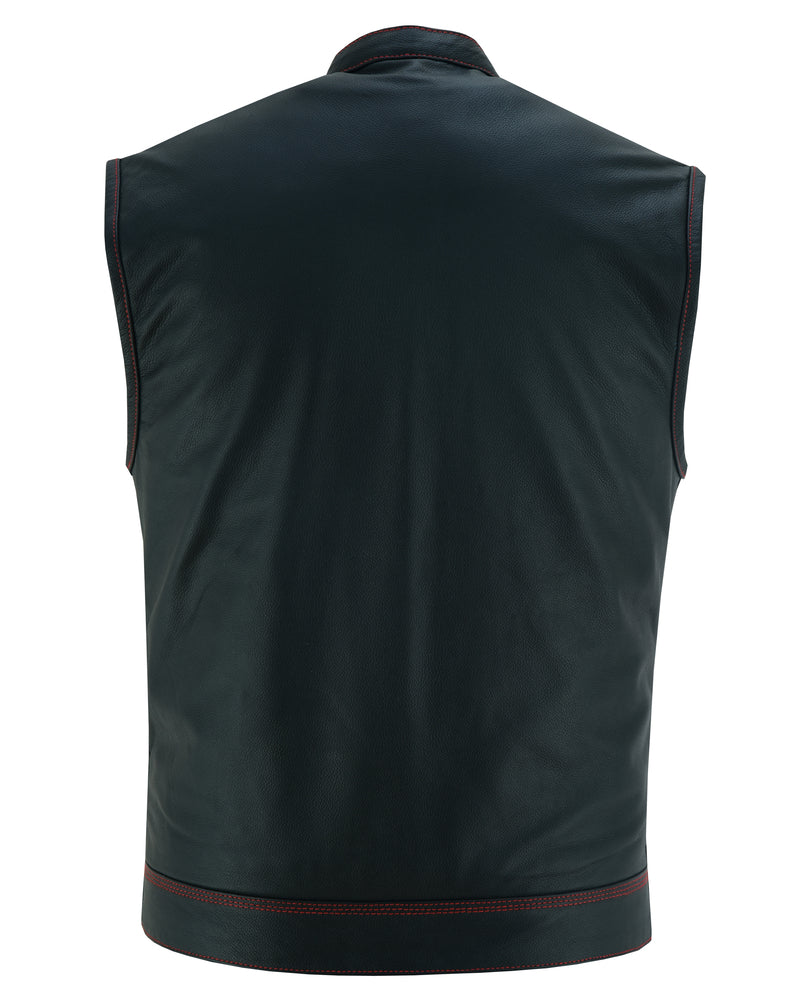 ADA188.USA MEN'S LEATHER VEST W/RED STITCHING AND USA FLAG LINING