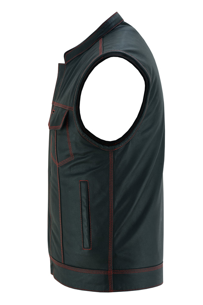 ADA188.USA MEN'S LEATHER VEST W/RED STITCHING AND USA FLAG LINING