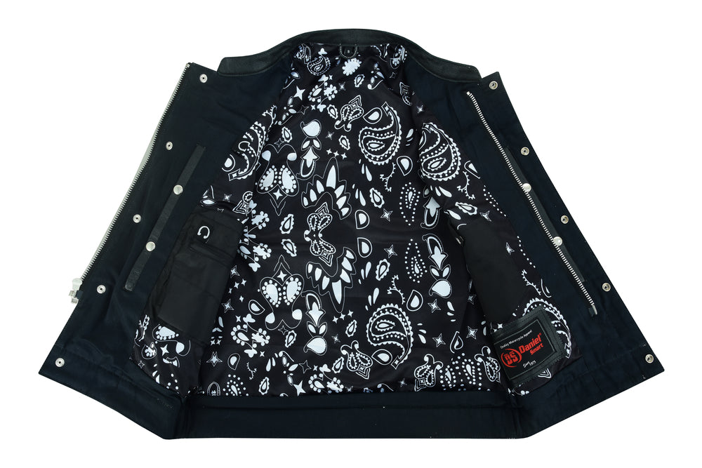 DS Men's Paisley Black Leather Motorcycle Vest with White Stitching