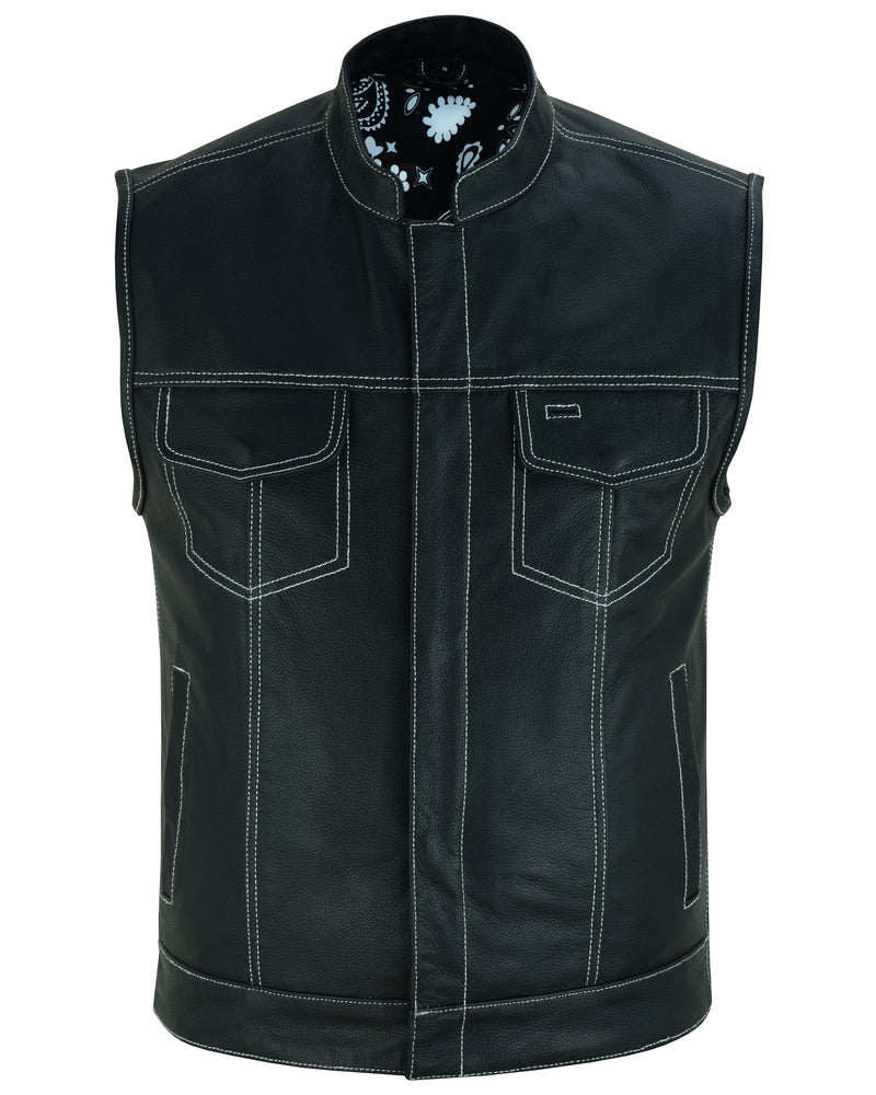 DS Men's Paisley Black Leather Motorcycle Vest with White Stitching