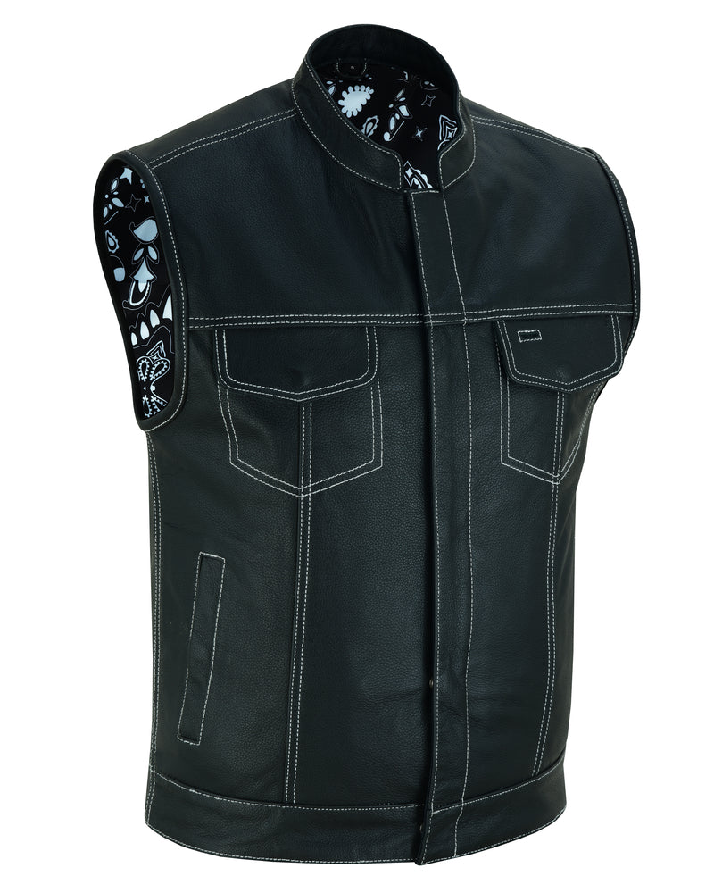 DS Men's Paisley Black Leather Motorcycle Vest with White Stitching