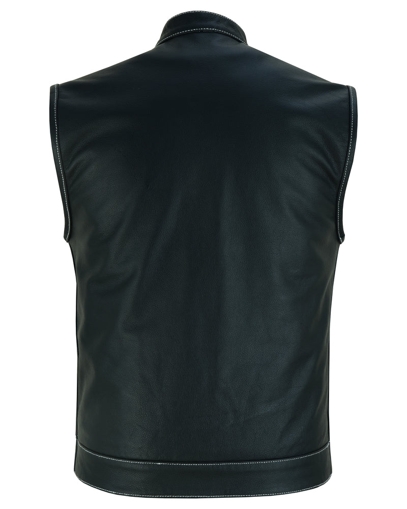 DS Men's Paisley Black Leather Motorcycle Vest with White Stitching