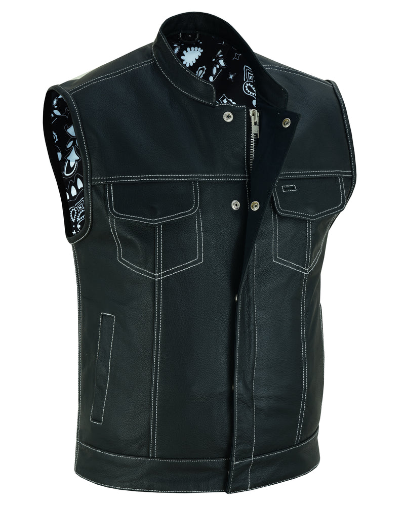DS Men's Paisley Black Leather Motorcycle Vest with White Stitching
