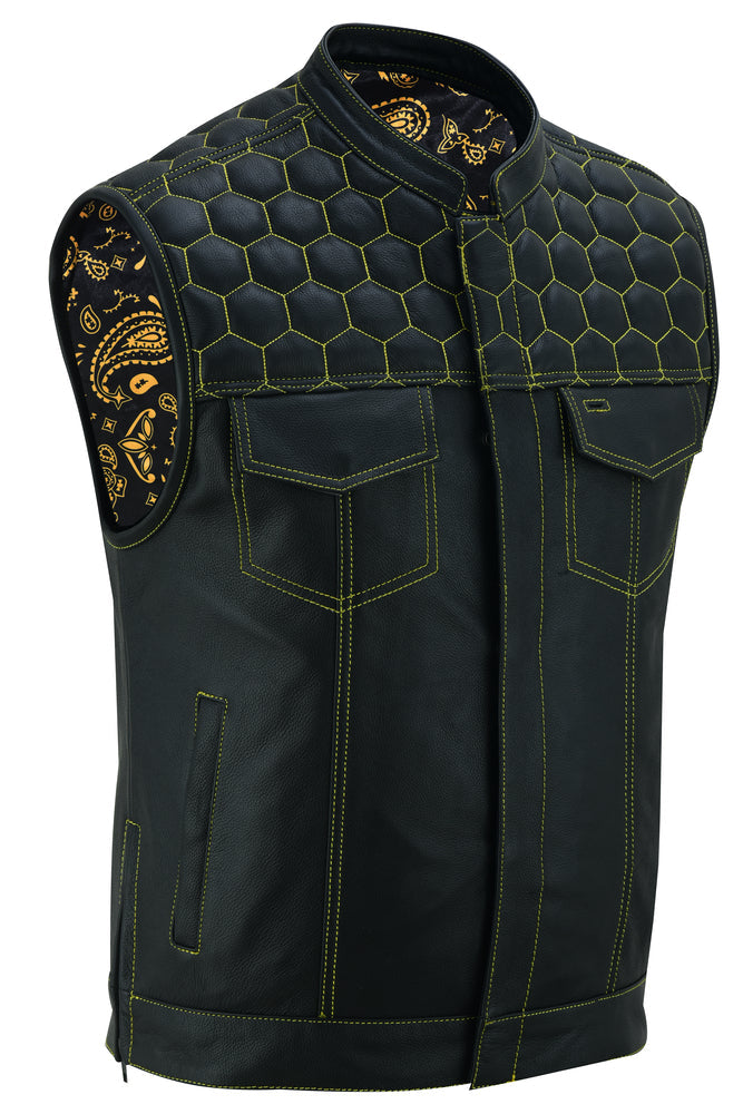 DS Men's Gold Rush Black Leather Vest - Yellow Stitching