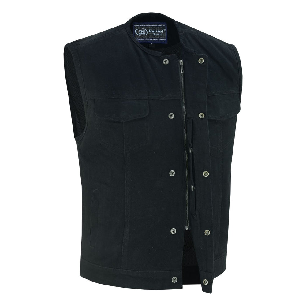 DM Mens Black Denim Motorcycle Vest with Concealed Snaps & Zipper
