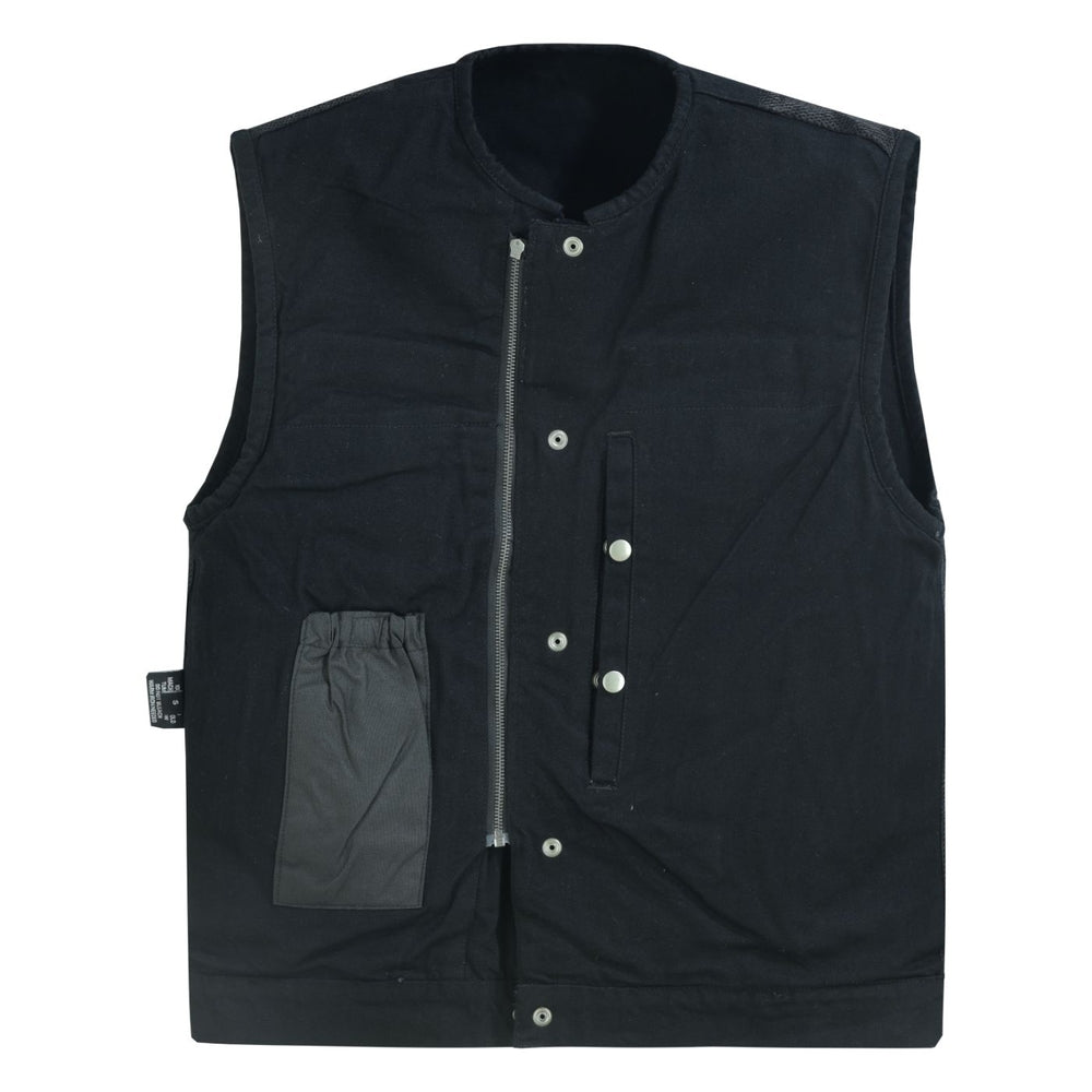 DM Mens Black Denim Motorcycle Vest with Concealed Snaps & Zipper