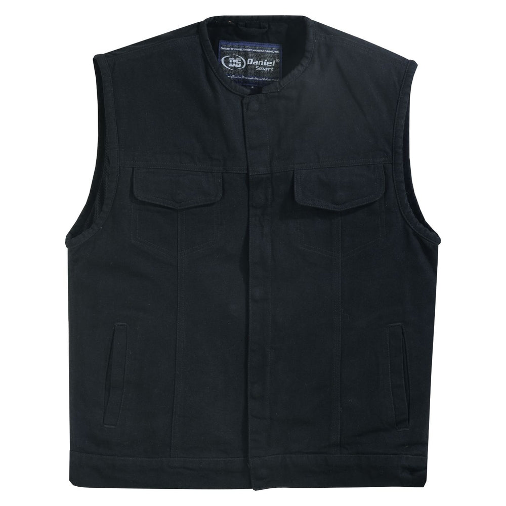 DM Mens Black Denim Motorcycle Vest with Concealed Snaps & Zipper