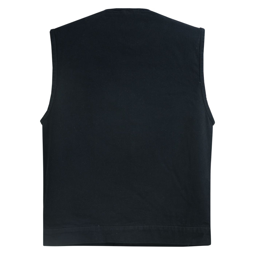 DM Mens Black Denim Motorcycle Vest with Concealed Snaps & Zipper