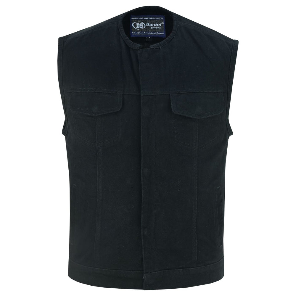 DM Mens Black Denim Motorcycle Vest with Concealed Snaps & Zipper