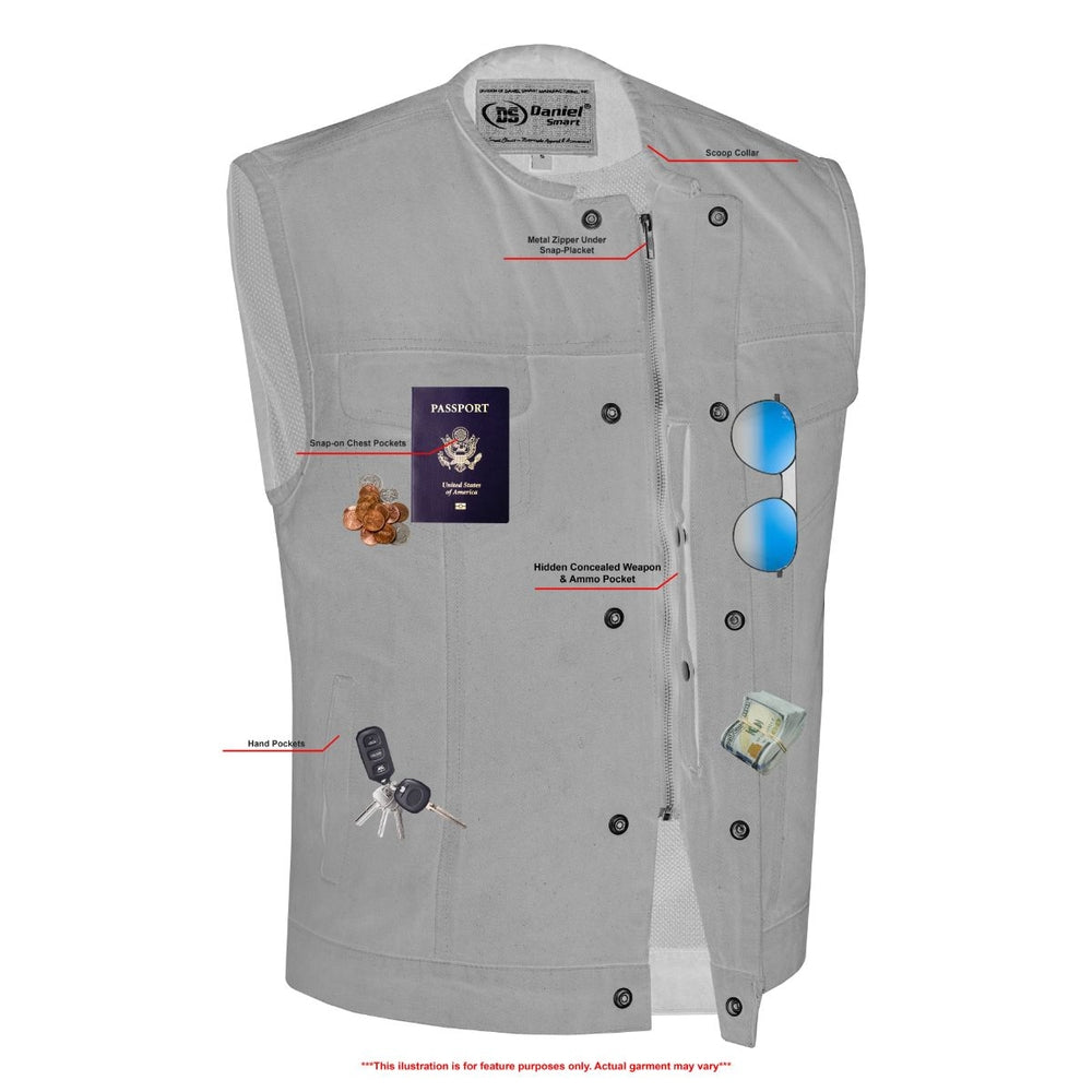 DM Mens Black Denim Motorcycle Vest with Concealed Snaps & Zipper