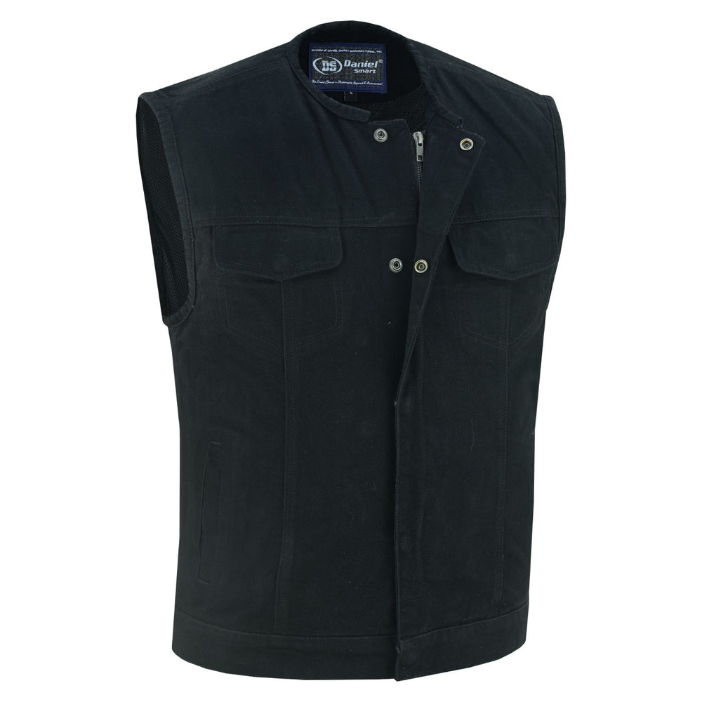 DM Mens Black Denim Motorcycle Vest with Concealed Snaps & Zipper