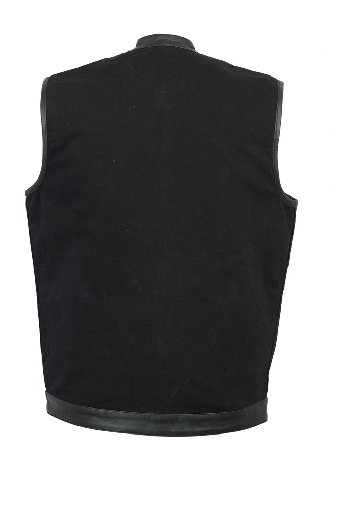 DM Men's Black Denim Single Panel Concealment Vest W/ Leather Trim