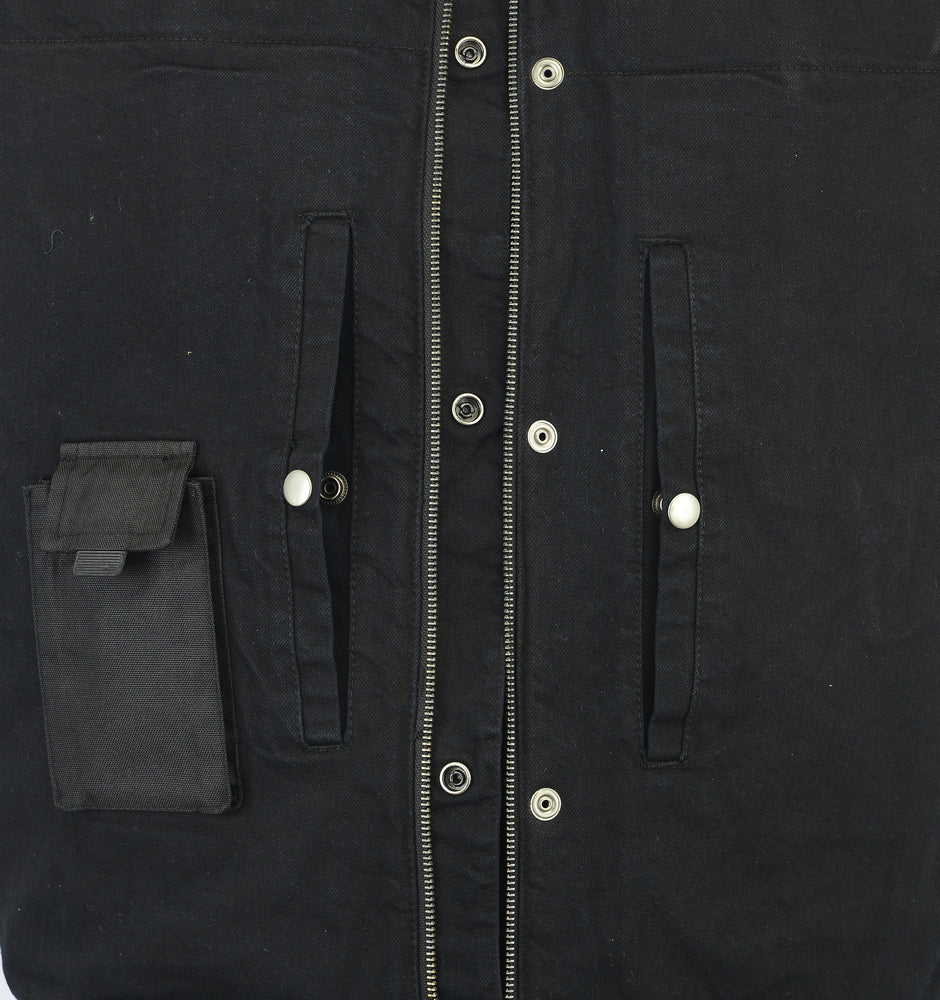 DM Men's Black Denim Single Panel Concealment Vest W/ Leather Trim
