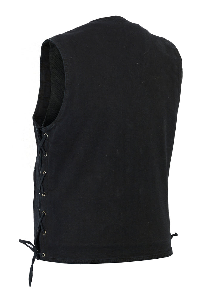 DM Men's Black Denim Motorcycle Vest – Single Panel Back