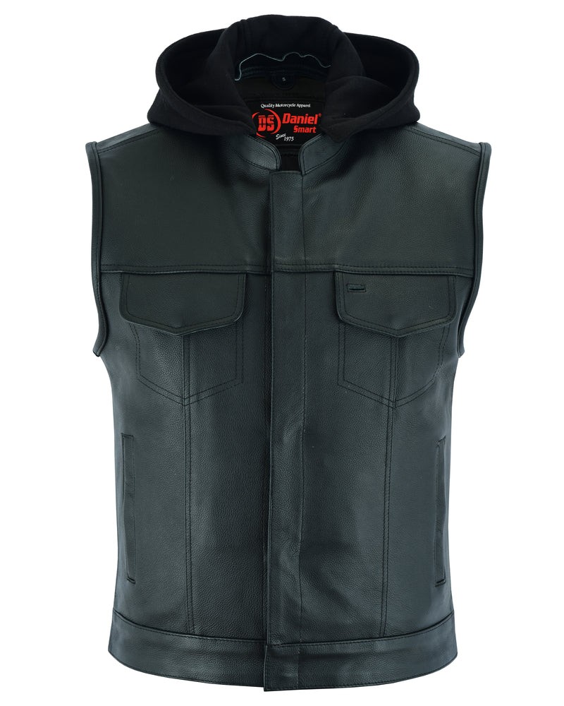 DS Men's Black Leather Motorcycle Vest with Removable Hood