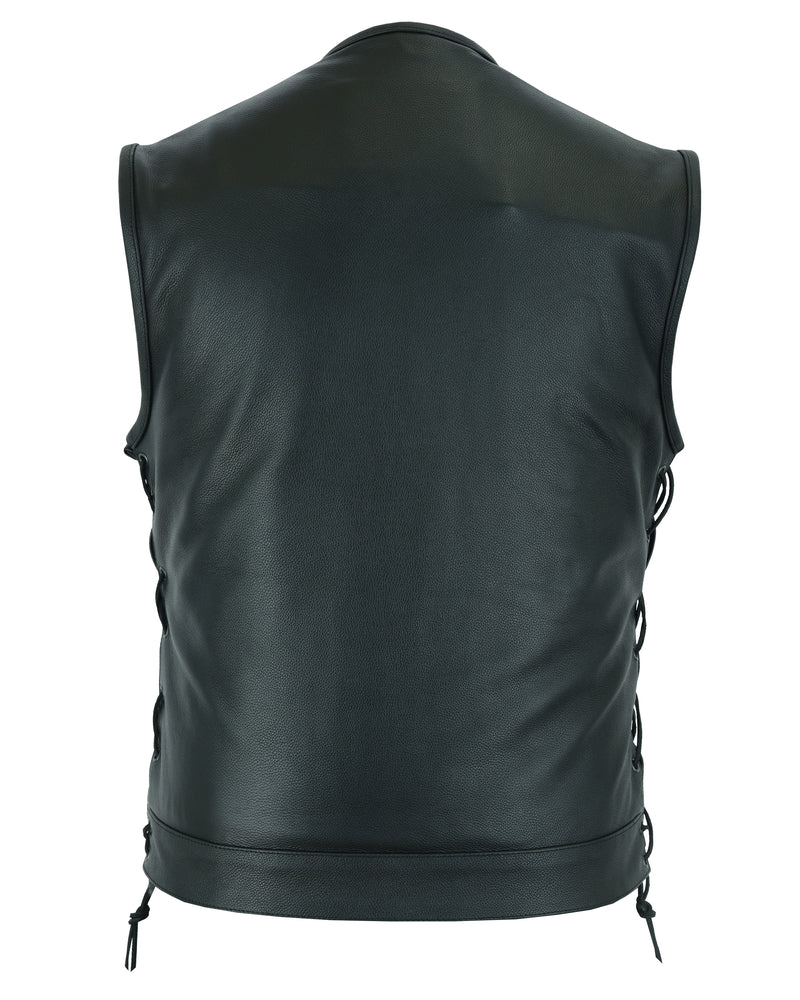 DS Men's Combat Black motorcycle Leather Vest - Gun Pockets & Side Laces