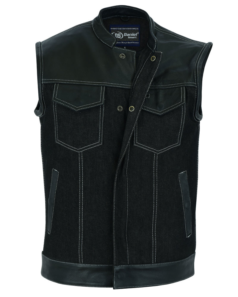 DM Men's Leather-Denim Combo Motorcycle Vest w/ Scoop Collar