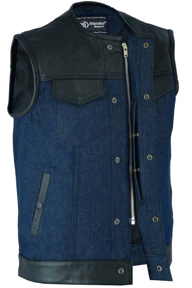 DM Men's Leather/Denim Combo Vest (Black/Broken Blue)