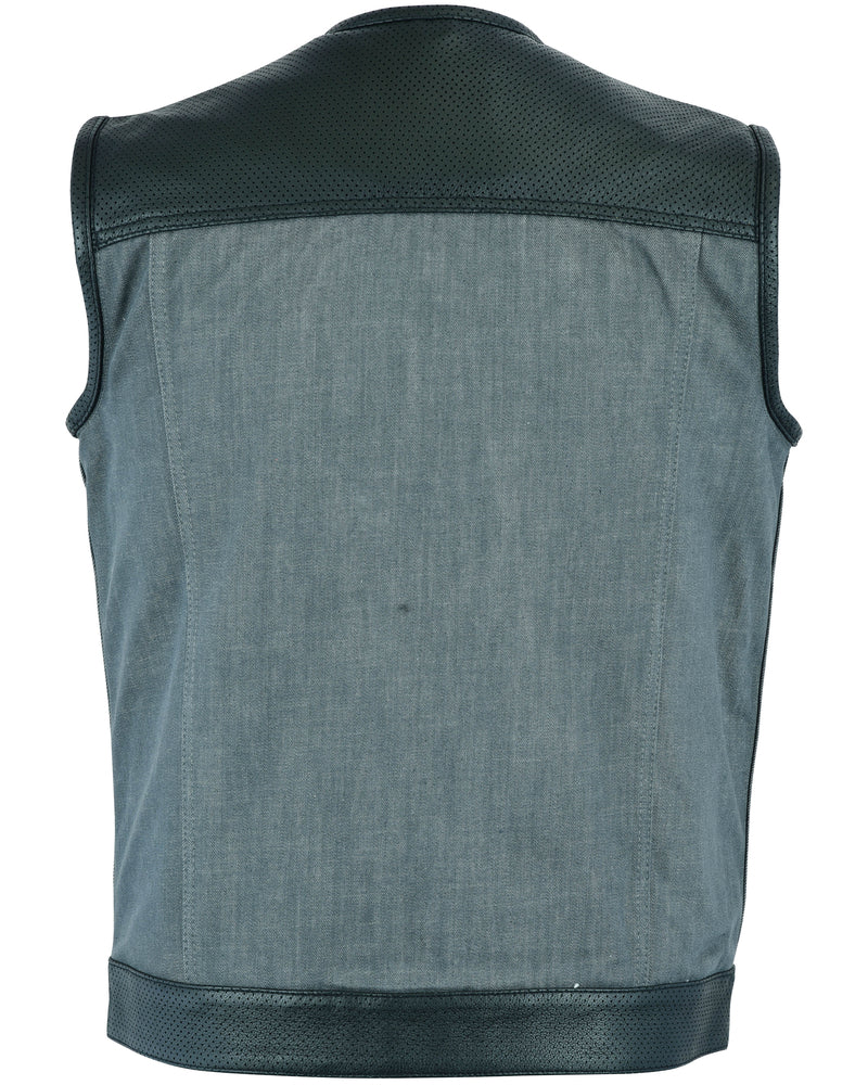 DM Men's Perforated Leather/Denim Combo Vest (Black/ Ash Gray)