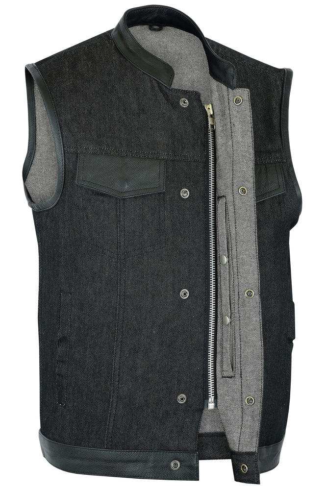 DM Men's Upgraded Rough Rub-Off Denim Motorcycle Vest w/Leather Trim