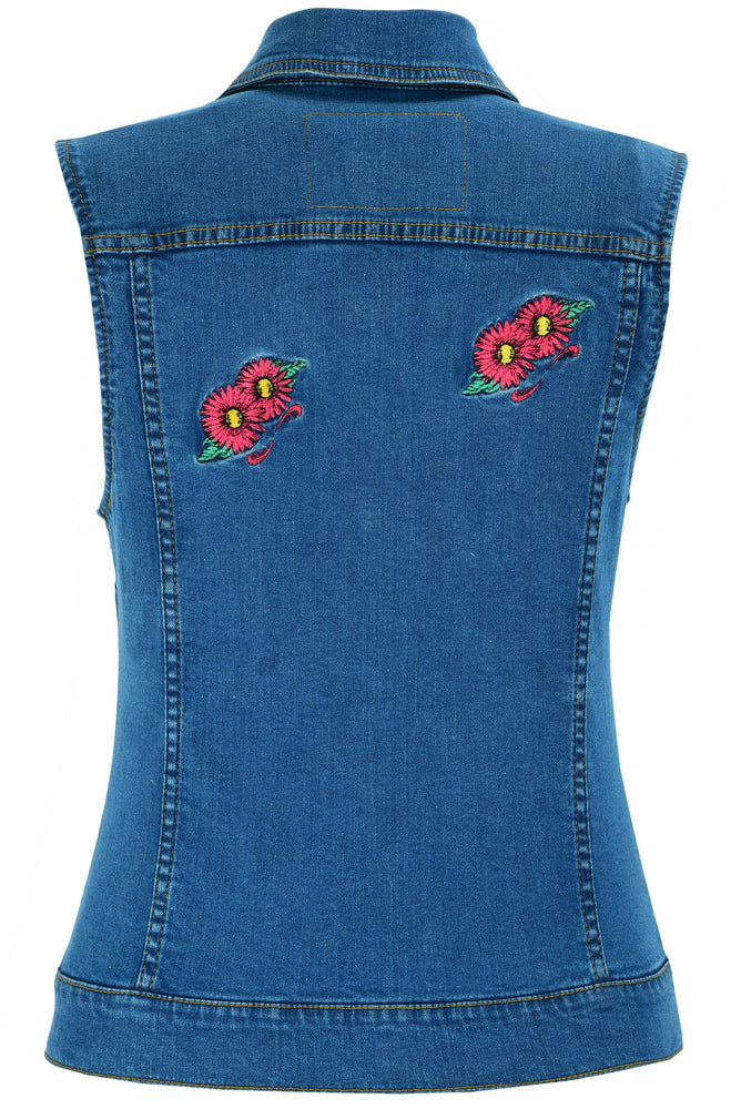 DM Women's Blue Denim Snap Front Vest with Red Daisy
